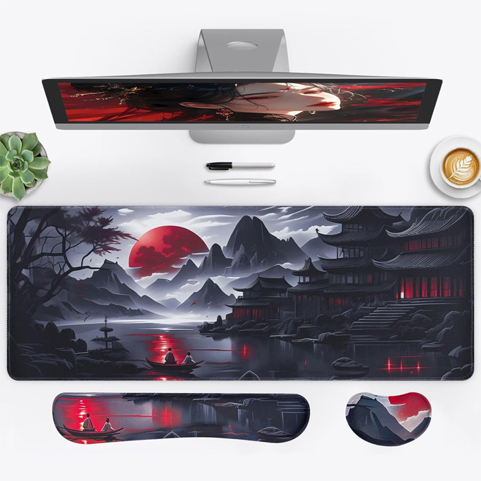 3-in-1 Large Gaming Mouse Pad - Japanese Red Moon